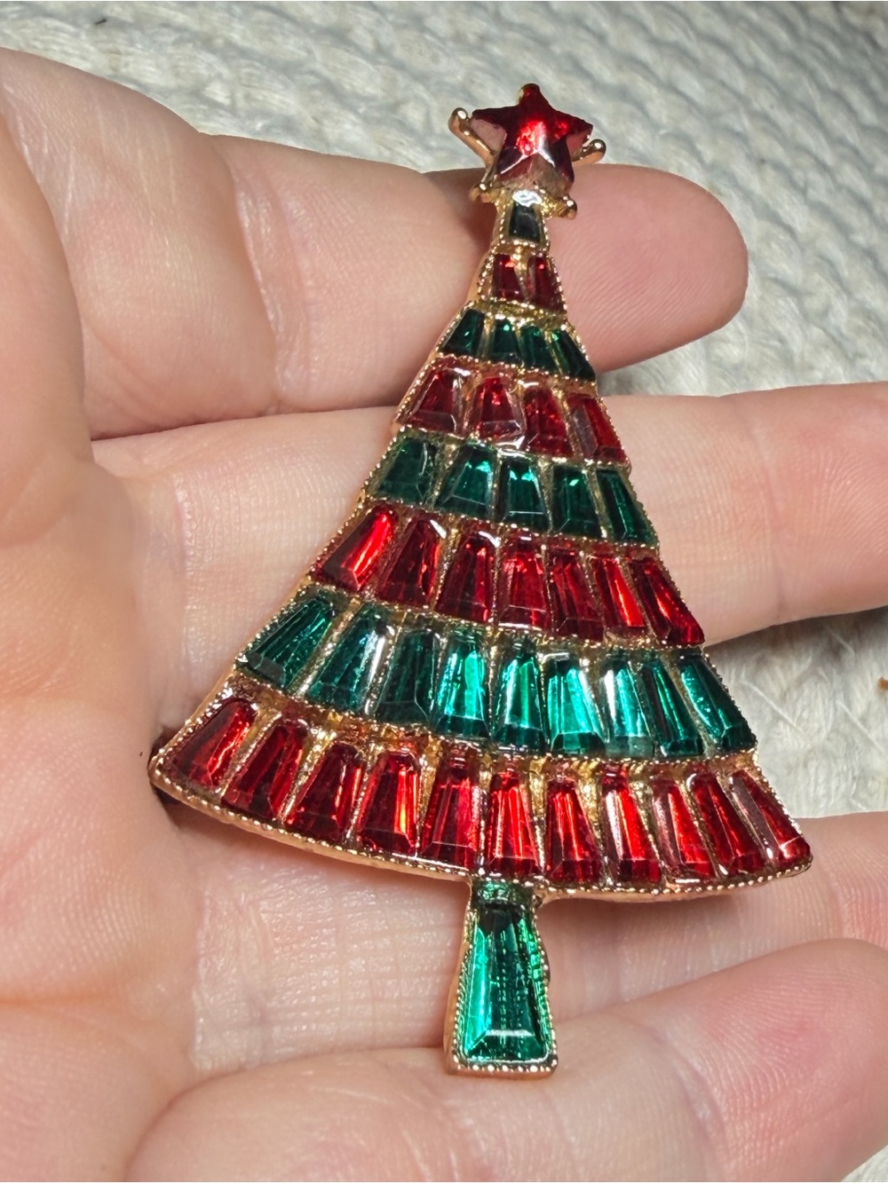 Christmas Tree Brooch Red Green Baguette Rhinestone Holiday Pin - Picture 3 of 6